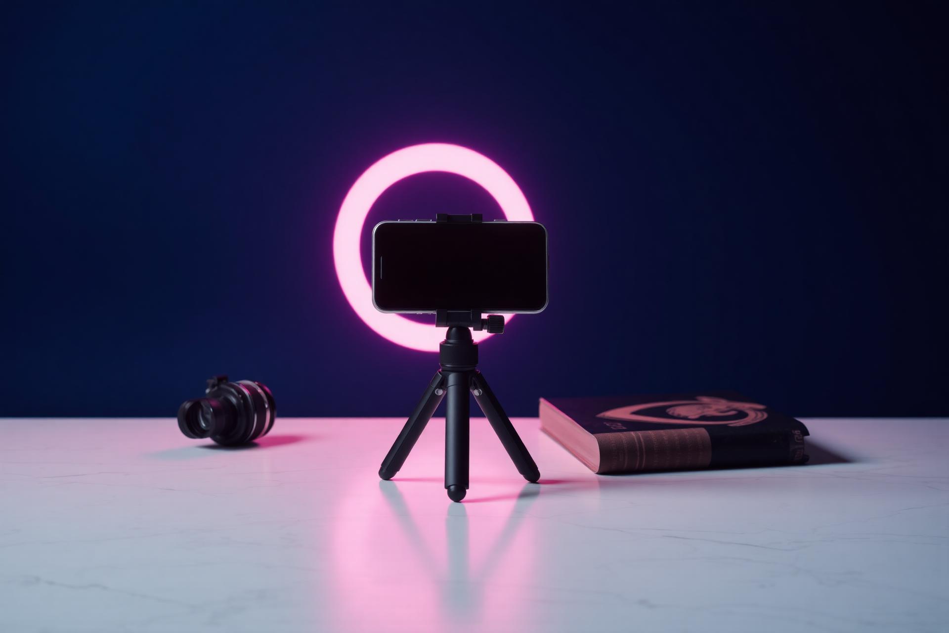 Creator studio with ring light, tripod and smartphone